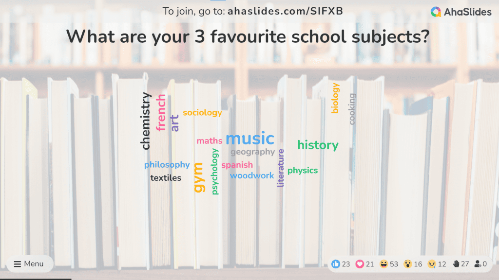 A word cloud slide on AhaSlides asking for students' opinions on their 3 favourite school subjects.