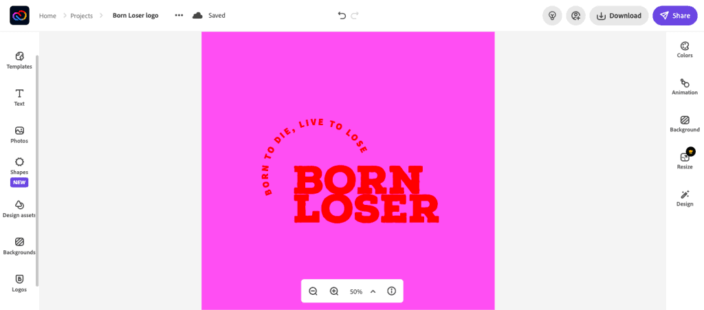 Інтэрфейс Adobe Express з «Born Loser» у якасці слайда, які рэдагуецца