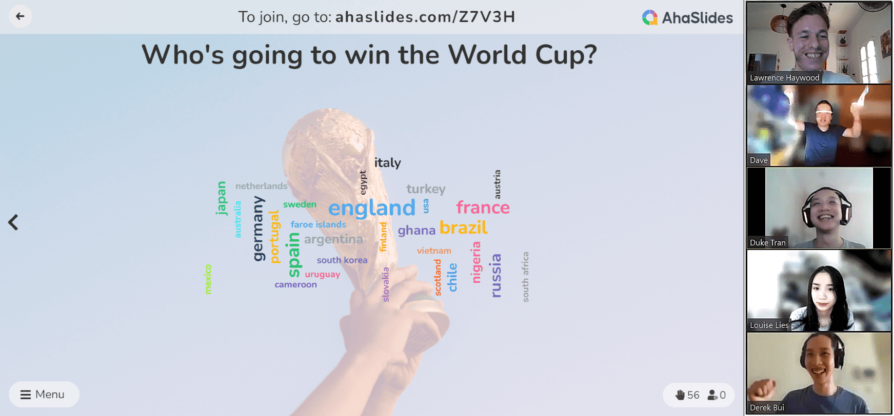 A live word cloud on AhaSlides with people voting for who will win the world cup