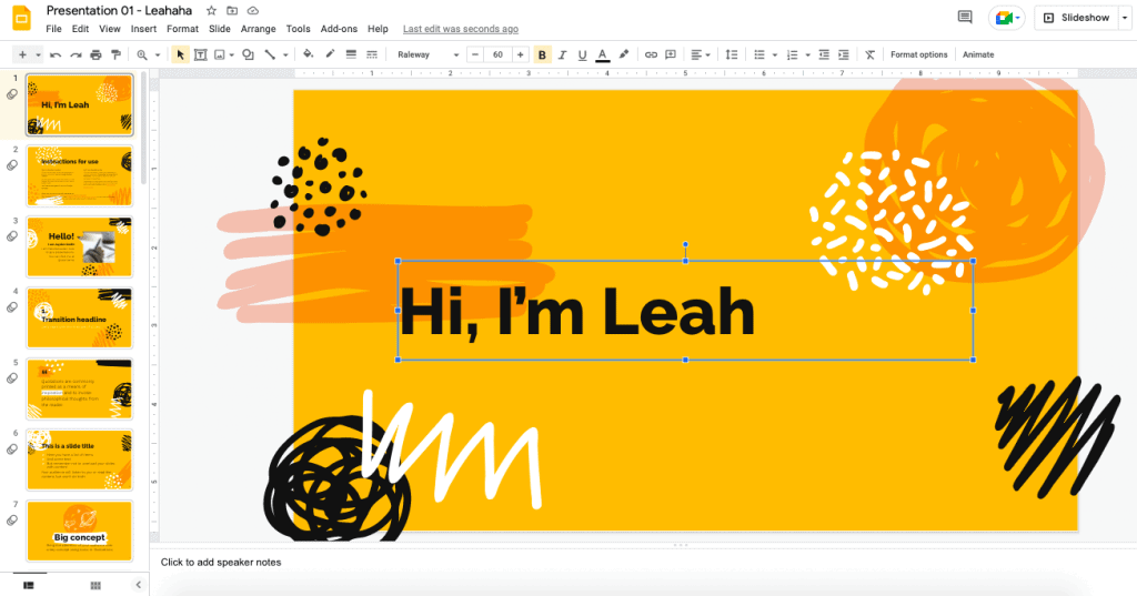 The layout of Google Slides presentation being used as an introductio for some person called Leah.