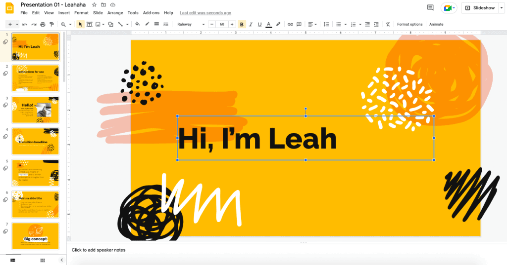 Izgled Google Slides prezentacije se koristi kao uvod za neku osobu po imenu Leah.