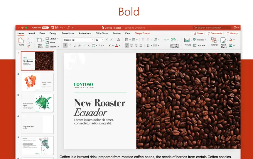 PowerPoint for Mac ინტერფეისის სკრინშოტი ეკვადორის ყავის მარცვლებთან