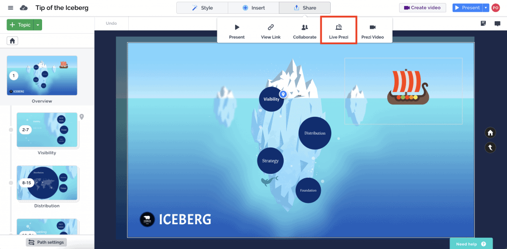 Uma apresentação não linear no Prezi com um iceberg para navegação