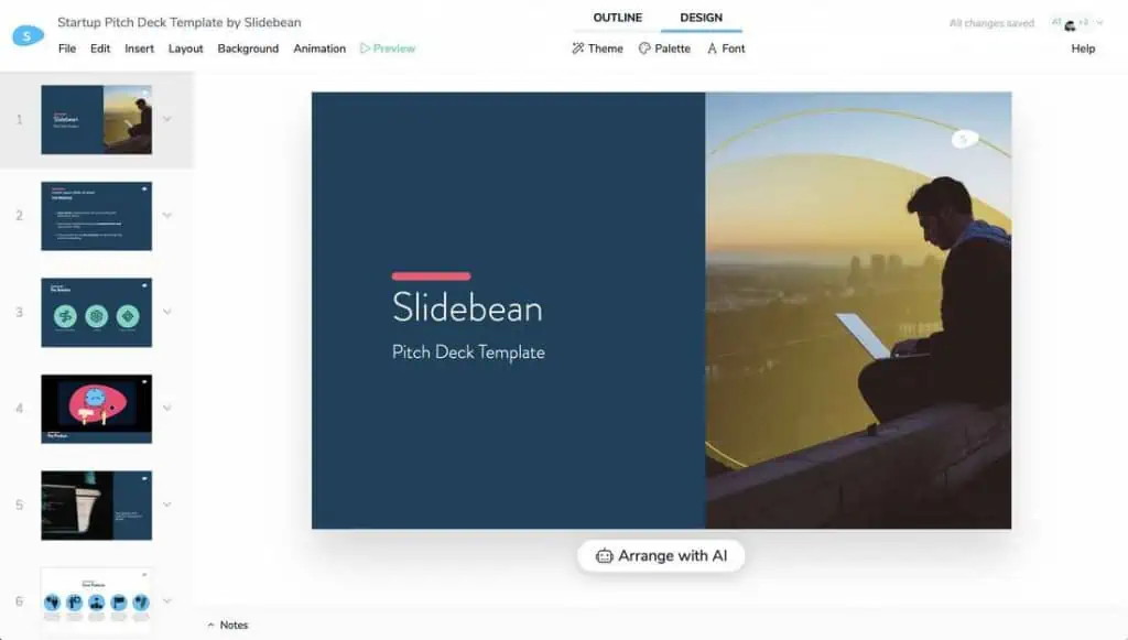Slidebean ინტერფეისის სკრინშოტი pitch deck-ის შაბლონით