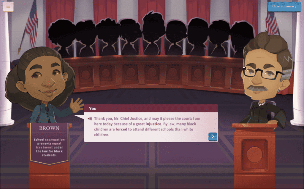 Picture describing a debate scene between two lawyers in the game Argument Wars. This game is a good online debate game for students to practice negation skills.