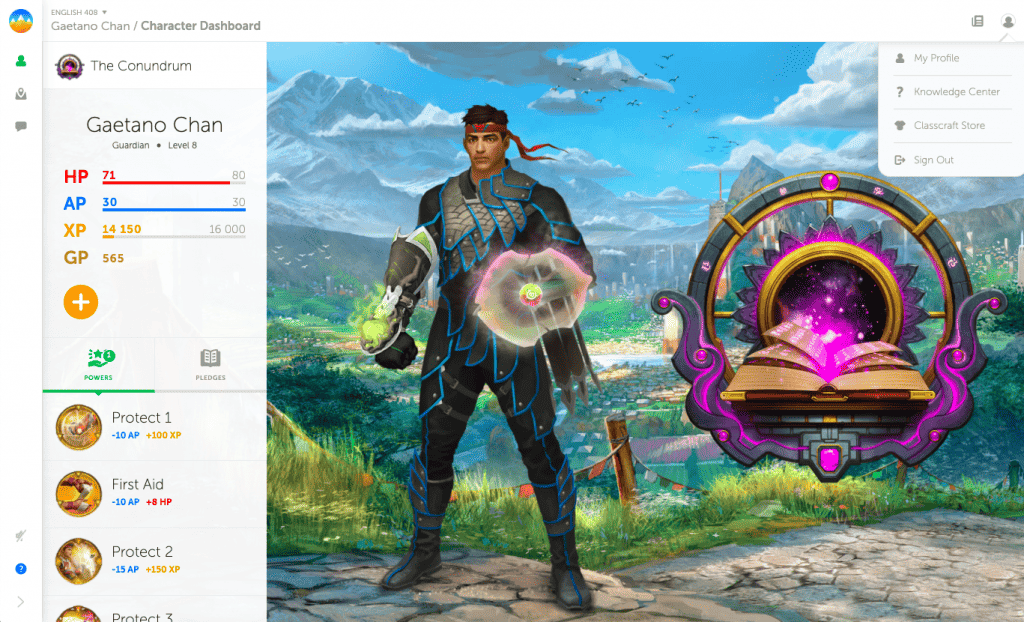 imaxe da interface principal de Classcraft cun personaxe de estudante