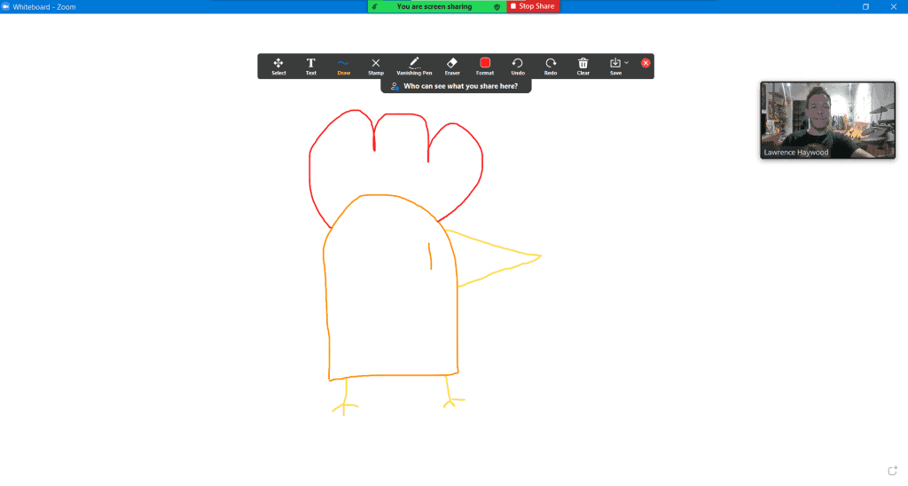 A person drawing a chicken on Zoom whiteboard.