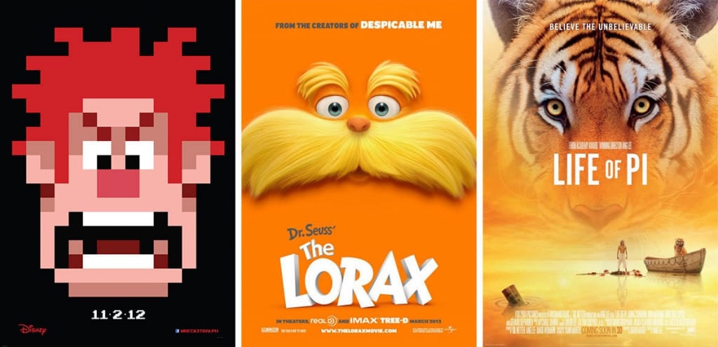 An image of 3 of the best movie posters of 2012 - one of many fantastic picture round quiz ideas. 