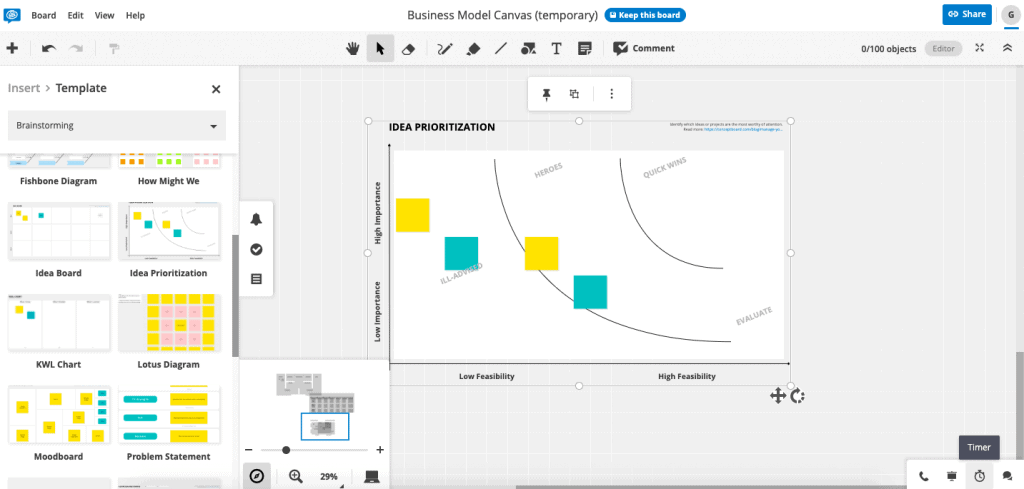 Una screenshot di l'interfaccia di Conceptboard. Hà parechji mudelli per u scopu di brainstorming