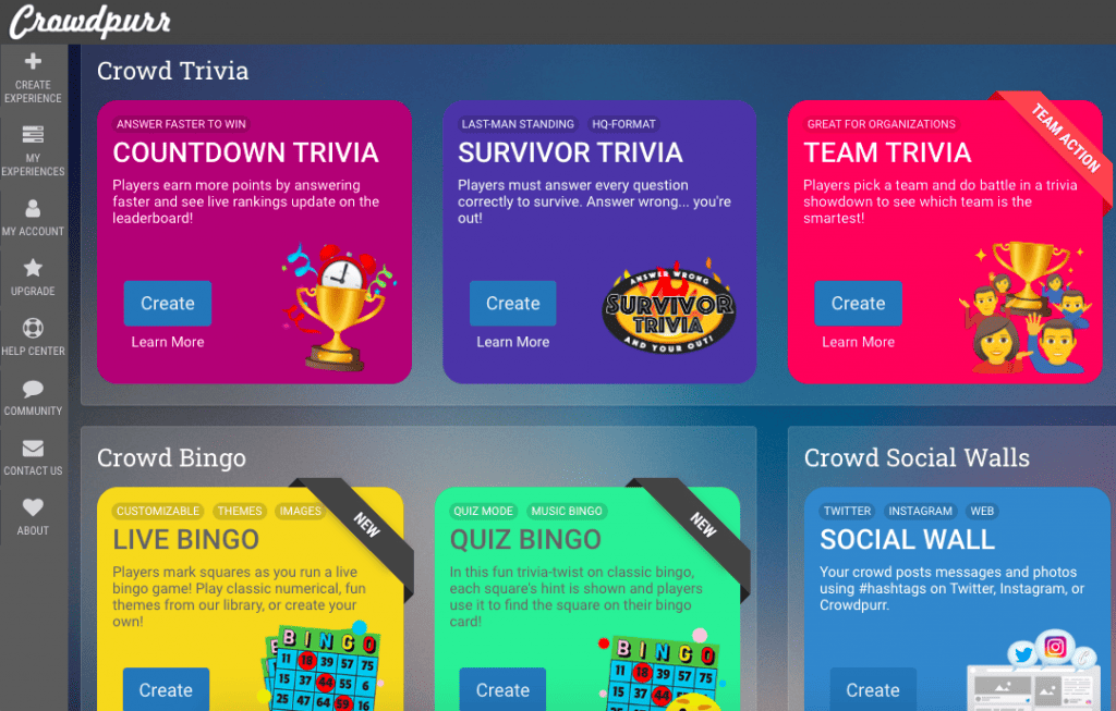 screenshot of Crowdpurr's audience engagement activities, an alternative to poll everywhere