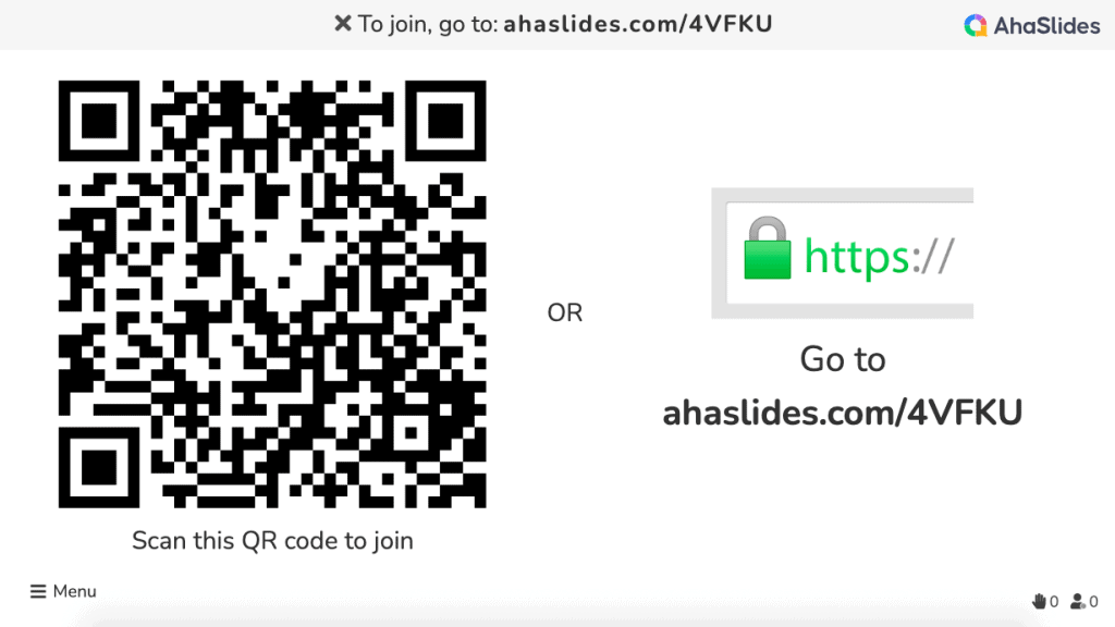 Código QR de invitación y enlace para unirse al cuestionario AhaSlides