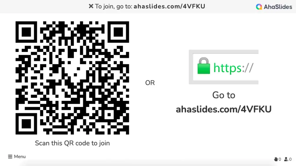 Einladungs-QR-Code und Link zur Teilnahme am AhaSlides-Quiz