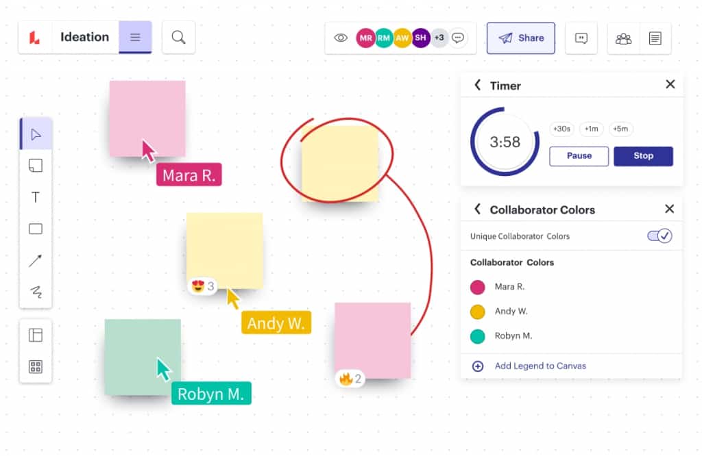 Uno screenshot dell'interfaccia della lavagna di LucidSpark utilizzata per la sessione di brainstorming con varie persone