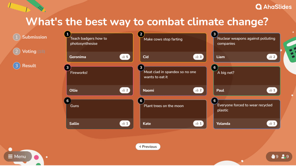 Een brainstormdia op AhaSlides op zoek naar oplossingen om klimaatverandering tegen te gaan