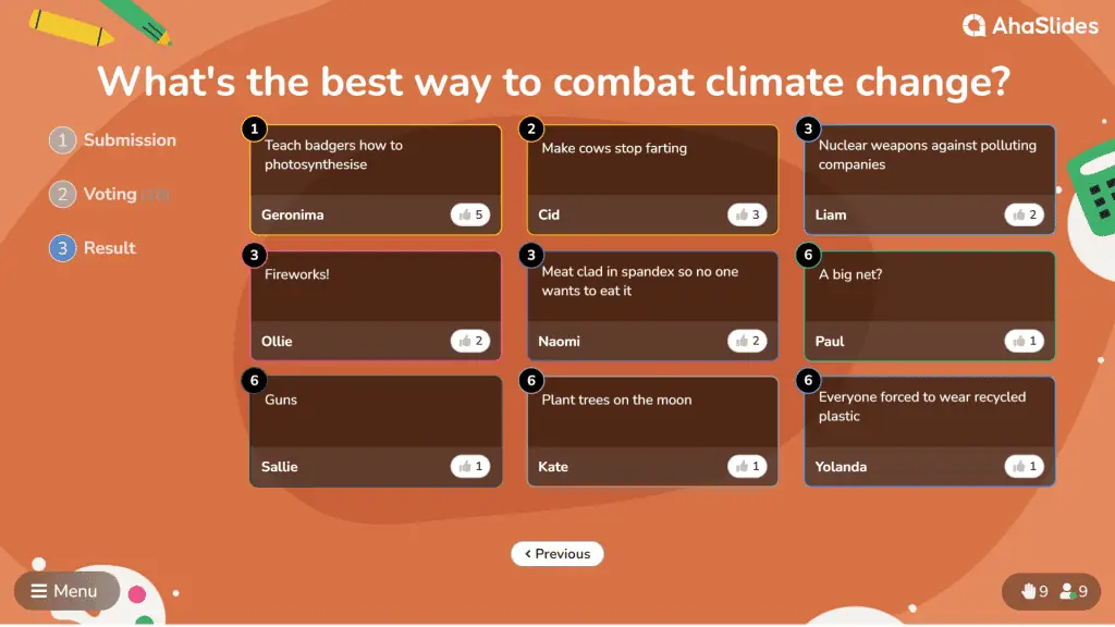 Un diapozitiv de brainstorming pe AhaSlides care caută soluții pentru combaterea schimbărilor climatice