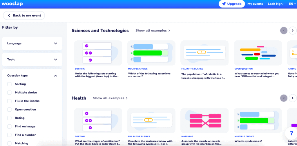 Screenshot of Wooclap's questions template library