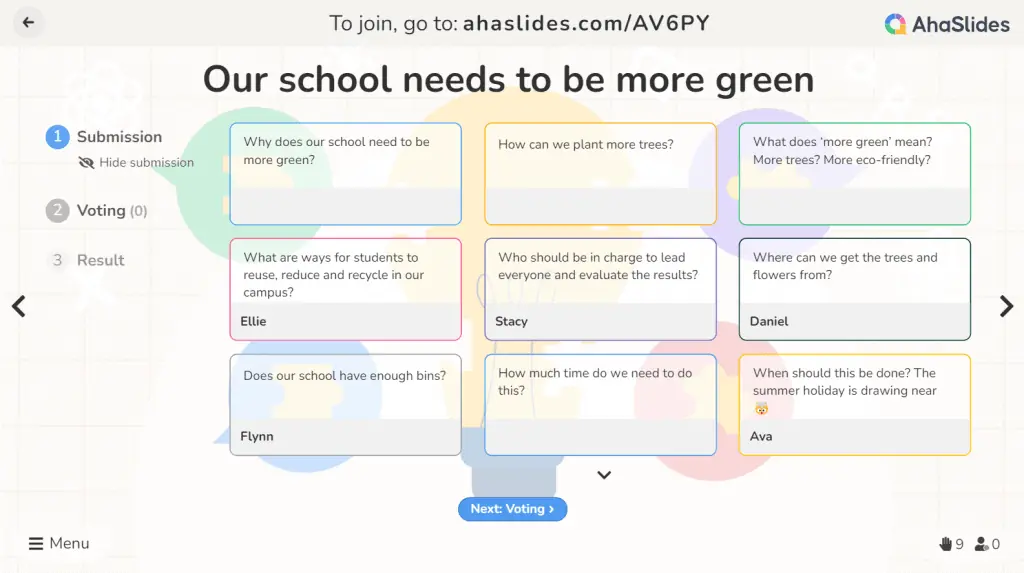 Korištenje AhaSlides-ovog slajda za razmišljanje o aktivnostima u razredu.