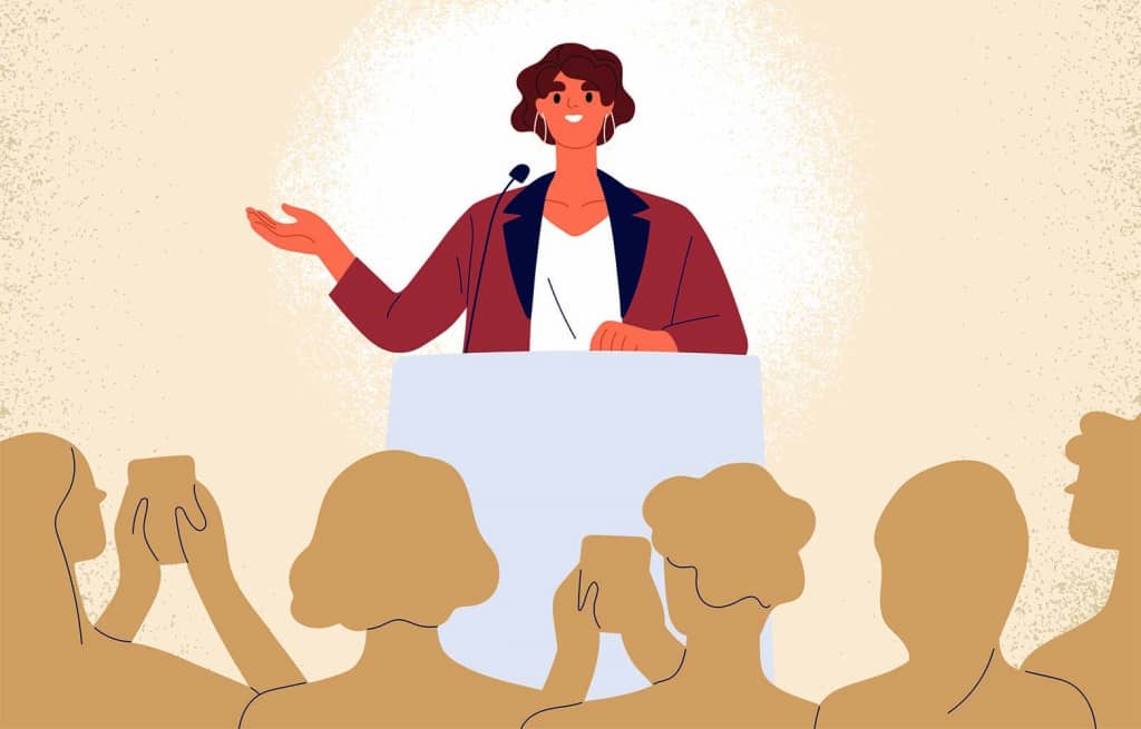 Illustration d'une femme parlant avec confiance sur un podium devant un public - une représentation de l'importance de la prise de parole en public