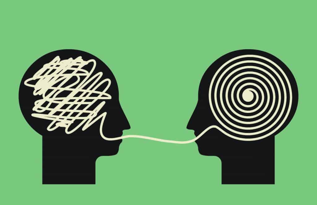 Illustration of head silhouette speaking to another, with a string to represent the words