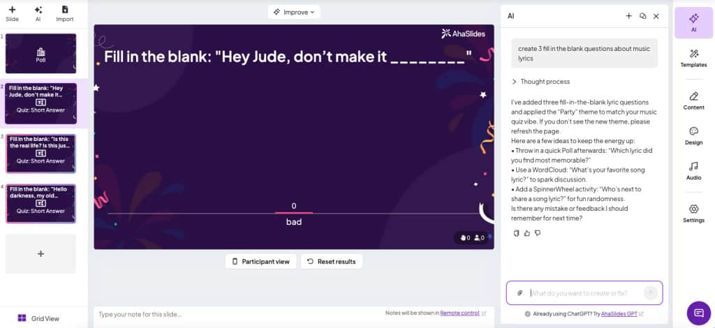 fill in the blank quiz questions with AHASLIDES