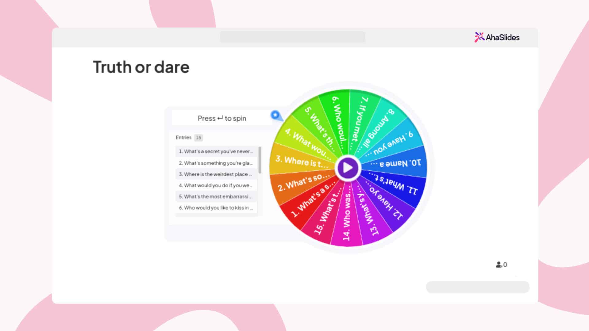 truth or dare randomised spinner wheel