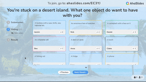 AhaSlides Desert Island è un divertente gioco di eventi da giocare virtualmente