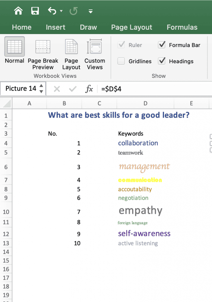 Word Cloud Excel