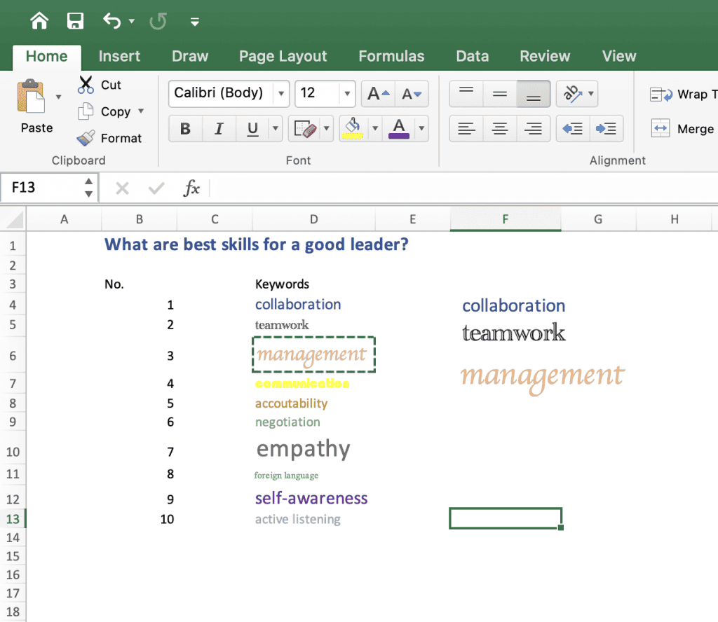 Word Cloud Excel