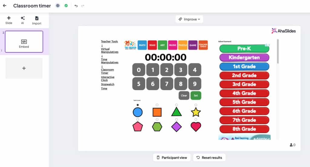 a classroom timer website embedded on AhaSlides