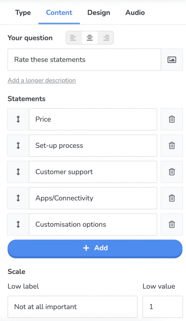 Enter each statement for your participants to rate and set the scale from 1-5 in AhaSlides