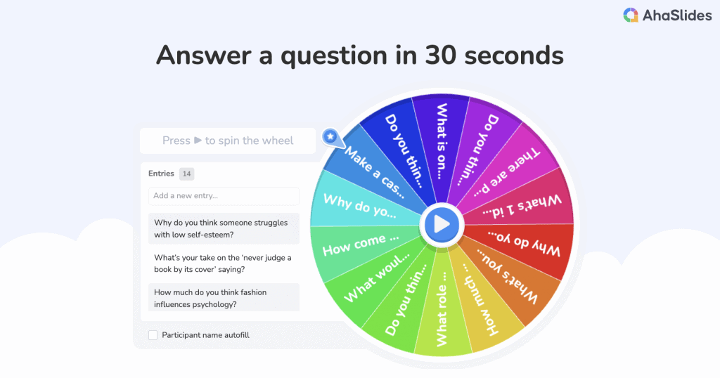 Jeux amusants Icebreaker pour adultes - Utilisez la roue tournante d'AhaSlides pour randomiser les questions