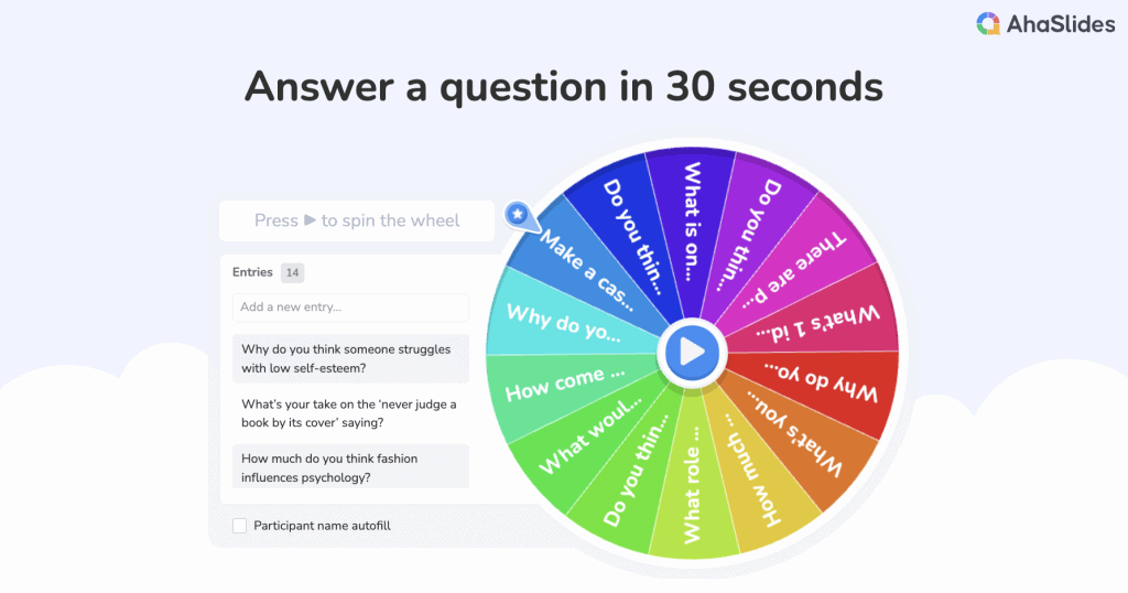 Jogos divertidos para quebrar o gelo para adultos - Use a roda giratória do AhaSlides para randomizar as perguntas