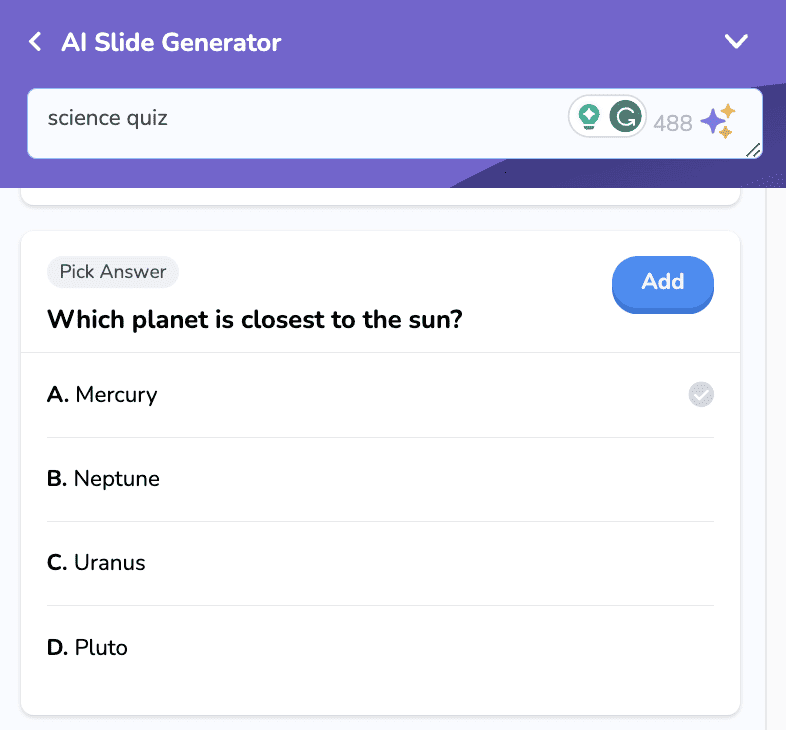 AhaSlides | KI-Foliengenerator für ein Quiz über Wissenschaft