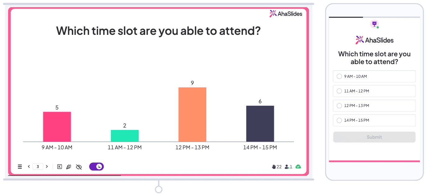 Пример опроса с несколькими вариантами ответов на экране ноутбука и мобильного устройства AhaSlides.