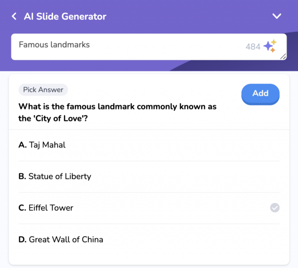 AhaSlides AI quiz generator generates multiple choice quiz question