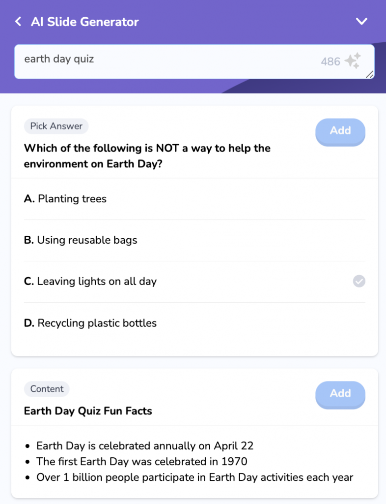 El generador de diapositivas AhaSlides AI puede crear preguntas del cuestionario del Día de la Tierra para usted
