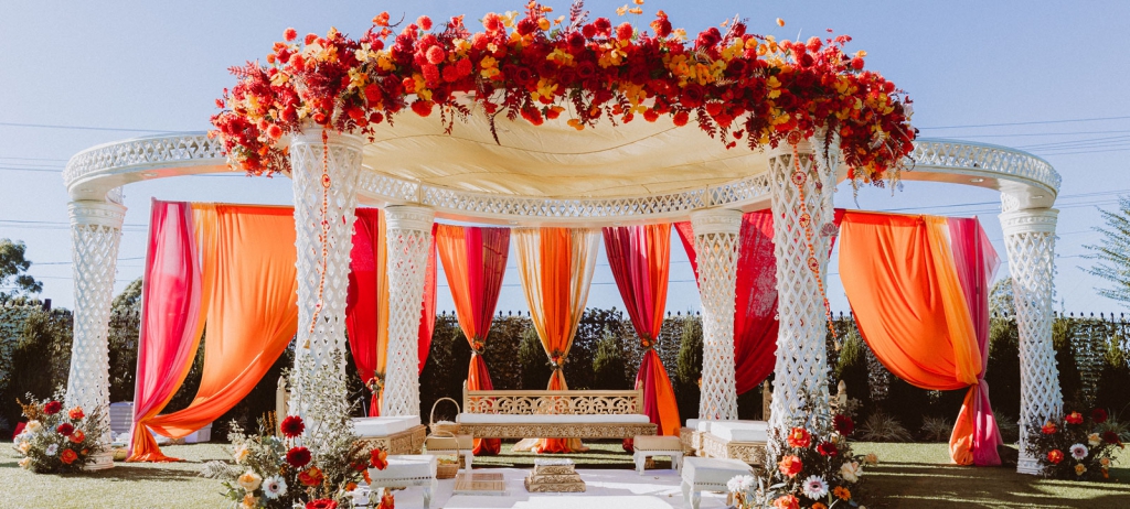 Mandap-themed wedding stage