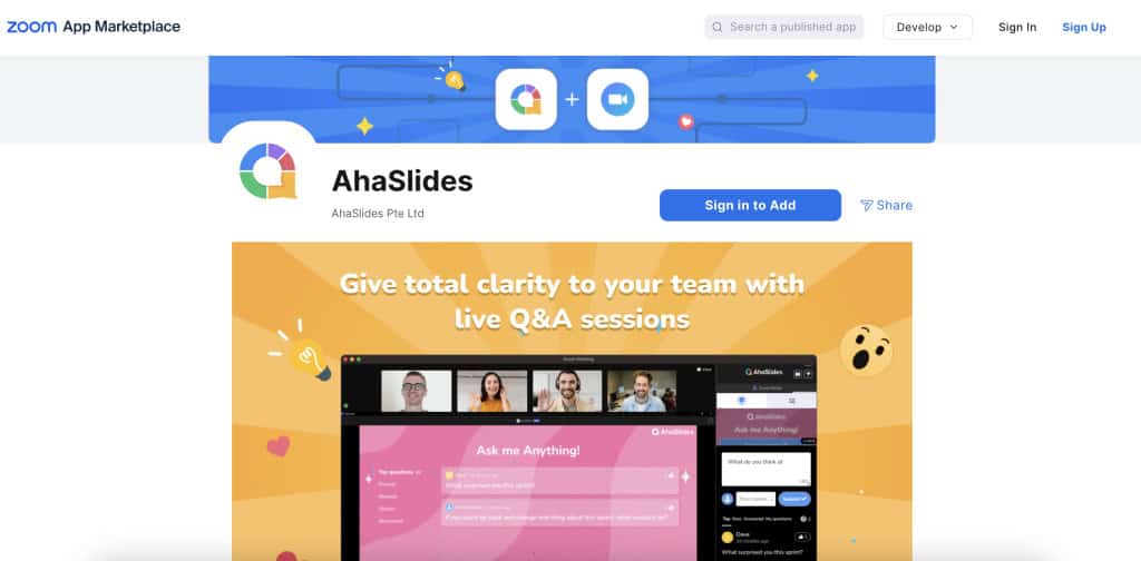 Zoom App Marketplace 웹사이트의 AhaSlides