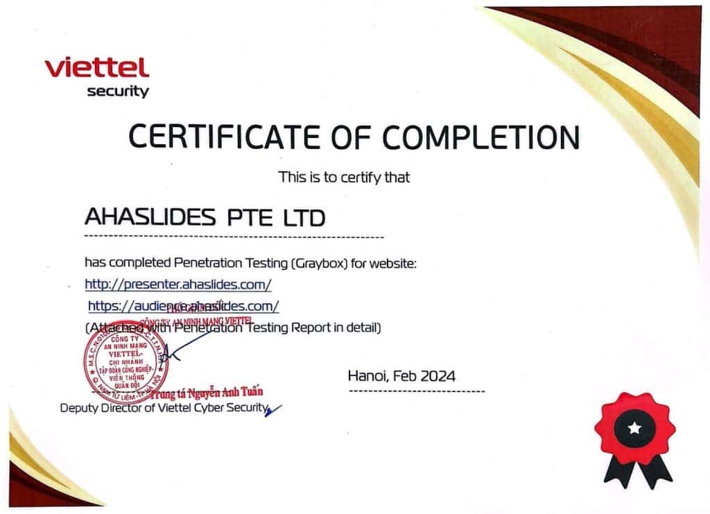 Certificado de proba de penetración Viettel para ahaslides