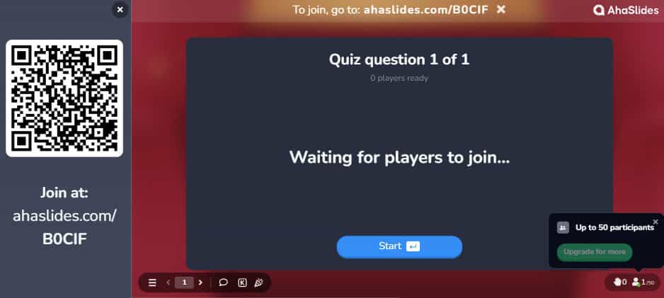 Sharing your quiz with your players by revealing the URL code and the QR code.