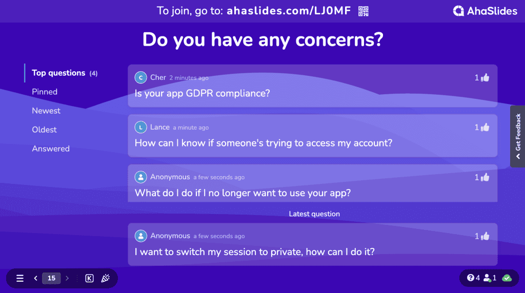 AhaSlides' Q&A app interface with participants' questions