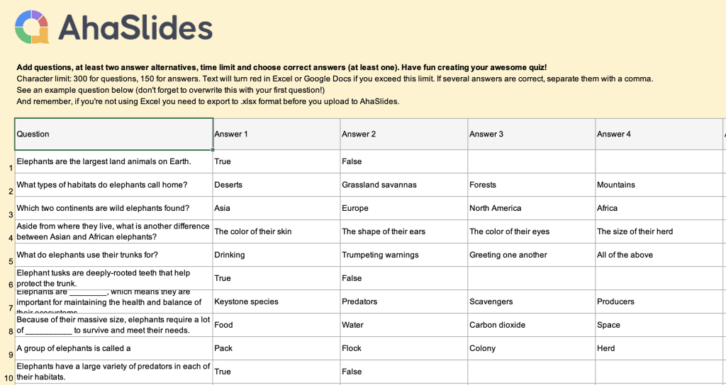 貼り付けます kahoot ahaslides Excel ファイルにデータ