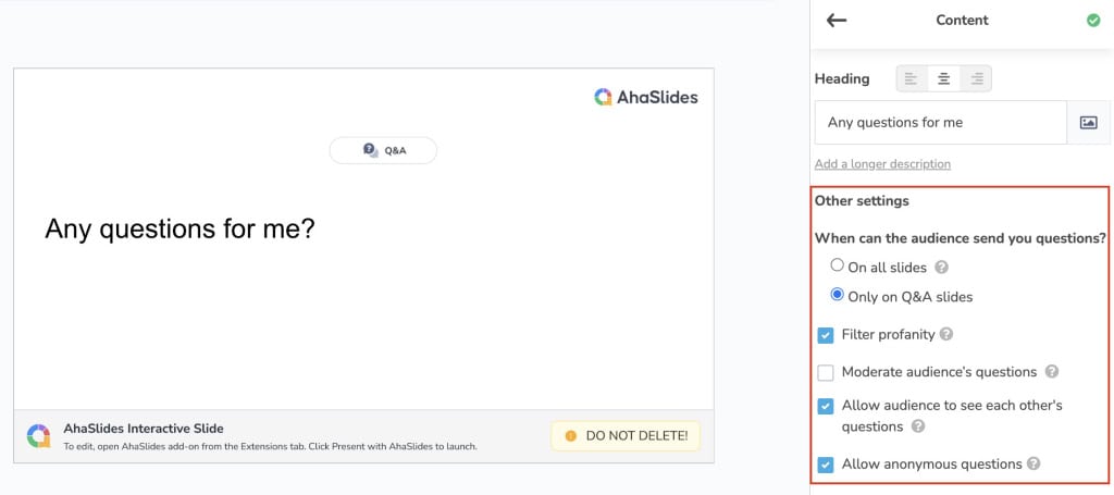 AhaSlides Naka-on ang mga setting ng Q&A Google Slides
