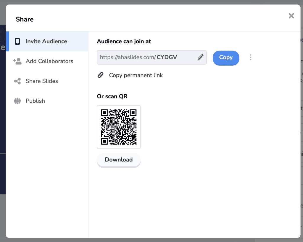 As presentacións de ahaslides pódense compartir de dúas formas, mediante o código de unión e o código QR