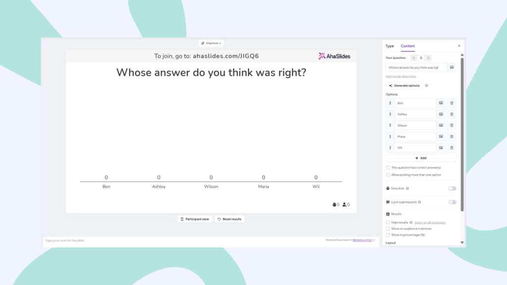 Cambiar las opciones de nombre al hacer un juego de Fictionary en AhaSlides de forma gratuita.
