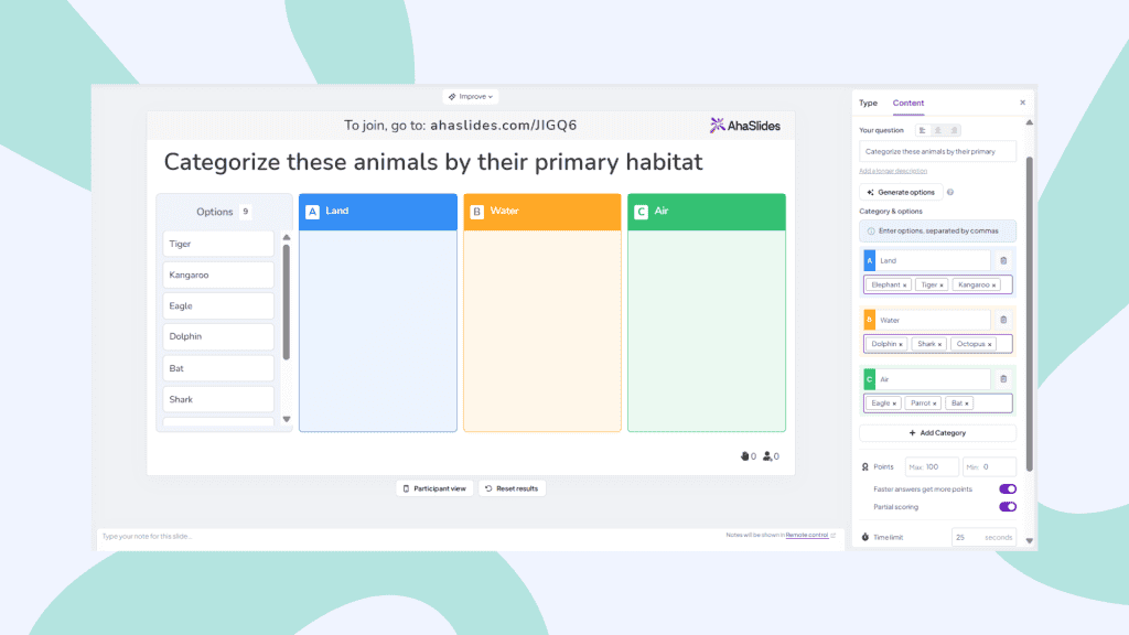 Crear un juego de fiesta virtual usando diapositivas de categorización