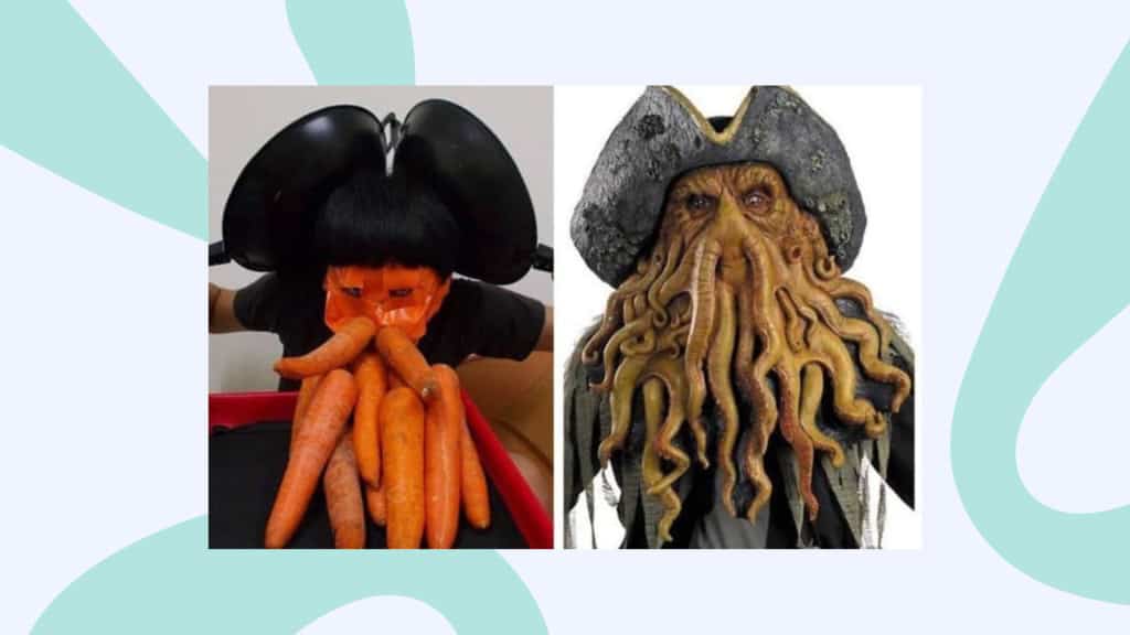 Cosplay de bajo costo que usa zanahorias para parecerse a Davey Jones de Piratas del Caribe.