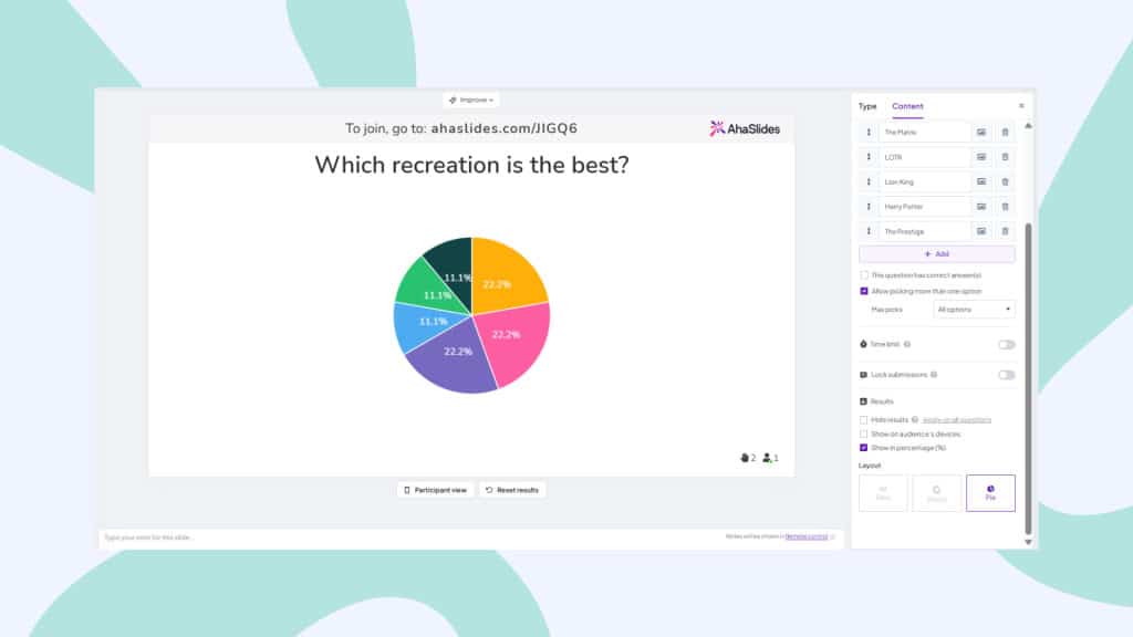Votar sobre la mejor recreación de películas con el software de encuestas AhaSlides.