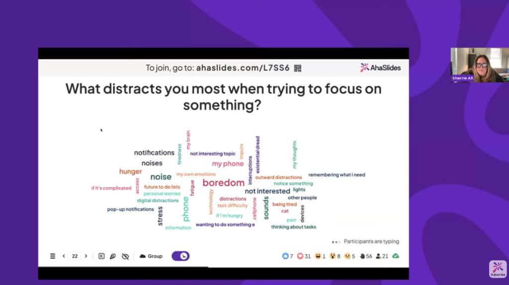 Dra. Sherri All exibindo uma nuvem de palavras com a pergunta: "O que mais te distrai quando você tenta se concentrar em algo?"