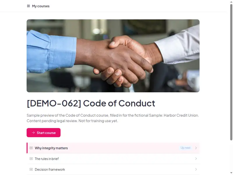 The Code of conduct course as a learner first sees it